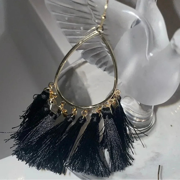 BLACK FRINGE DROP TEARDROP HOOP EARRINGS GOLD TONE FUN AND FESTIVE - Picture 8 of 10